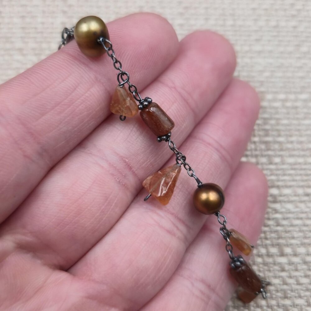 7+1 Inch Sterling Silver Orange Agate And Pearl Tarnished Bracelet A7303 - Picture 4 of 7